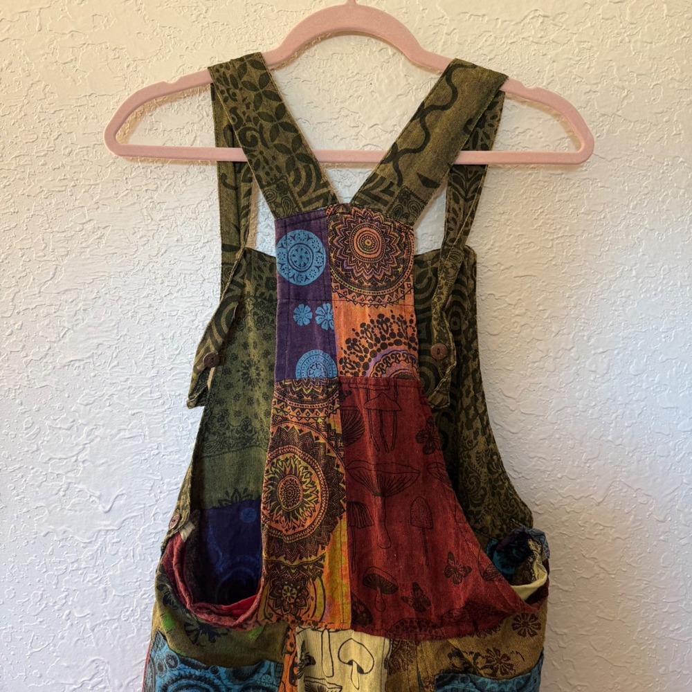 Nepal Cotton Patchwork Overalls Boho Mushroom Man… - image 6
